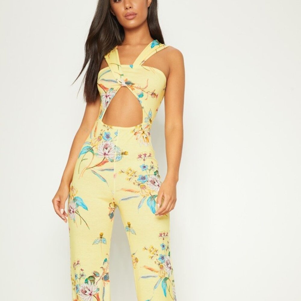 Lemon Floral Jersey Twist Front Jumpsuit